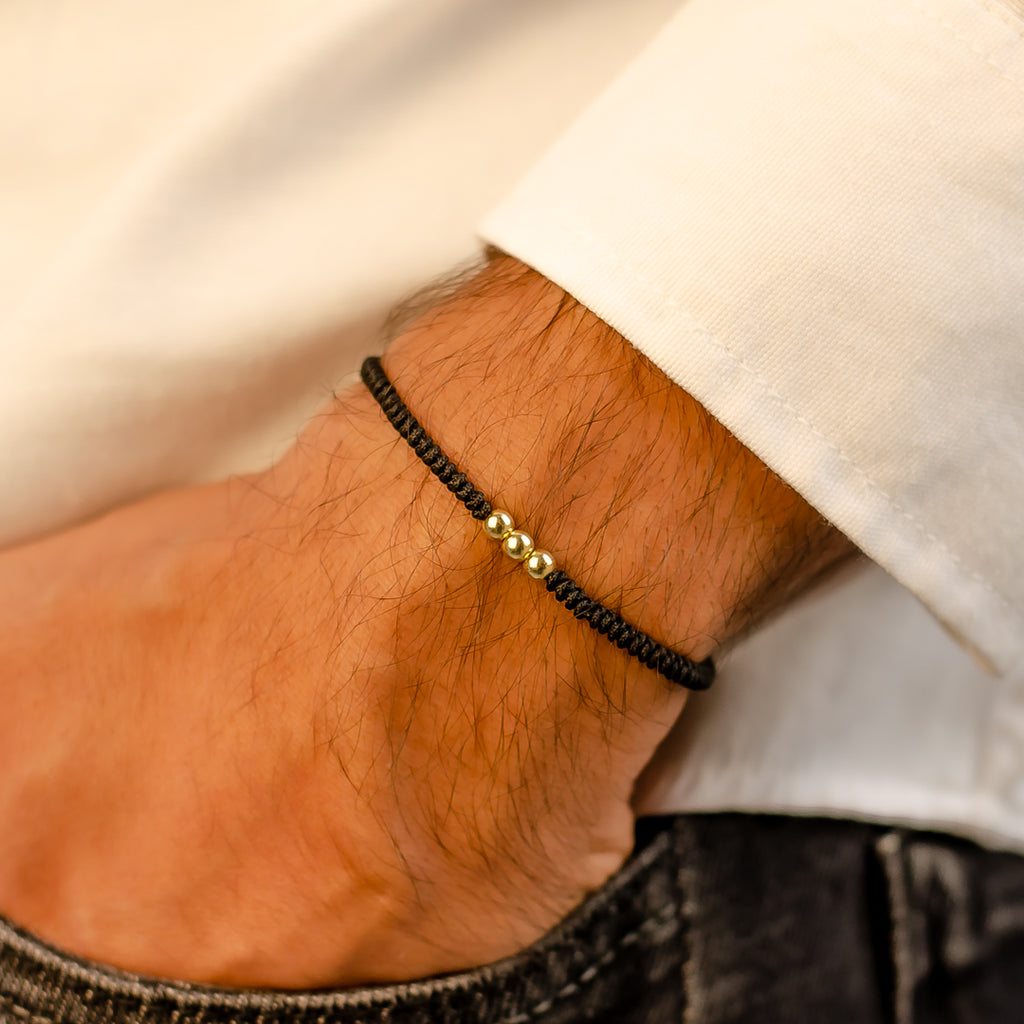 MEN'S BRAIDED STRING WITH THREE BEADS GOLD BRACELET
