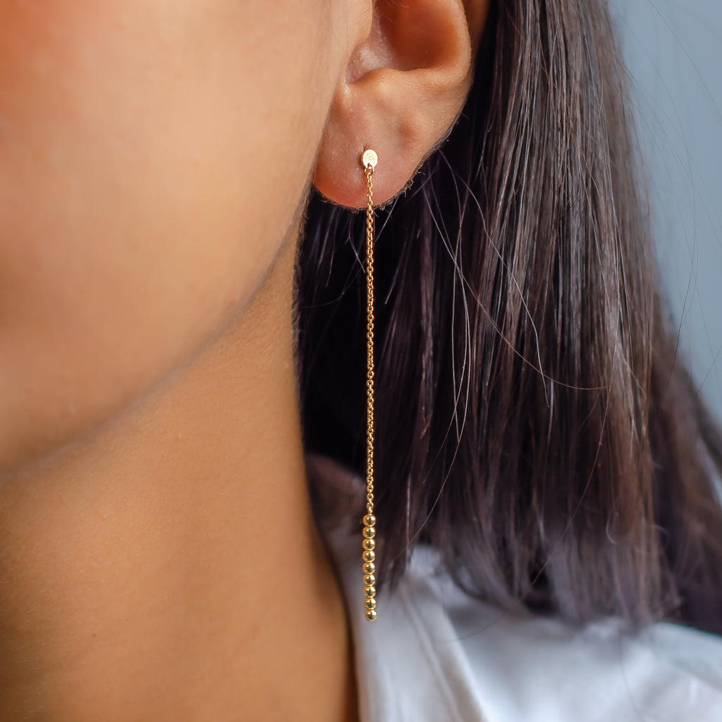 LONG CHAIN WITH BEADS STUD GOLD EARRING