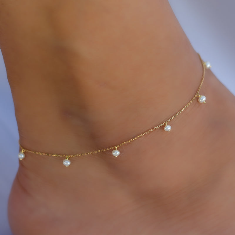 DROPPING BEADS AND PEARLS GOLD ANKLET