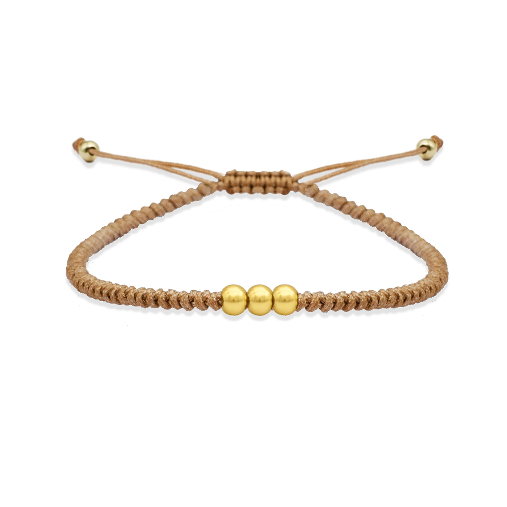 BROWN STRING WITH THREE BEADS GOLD BRACELET