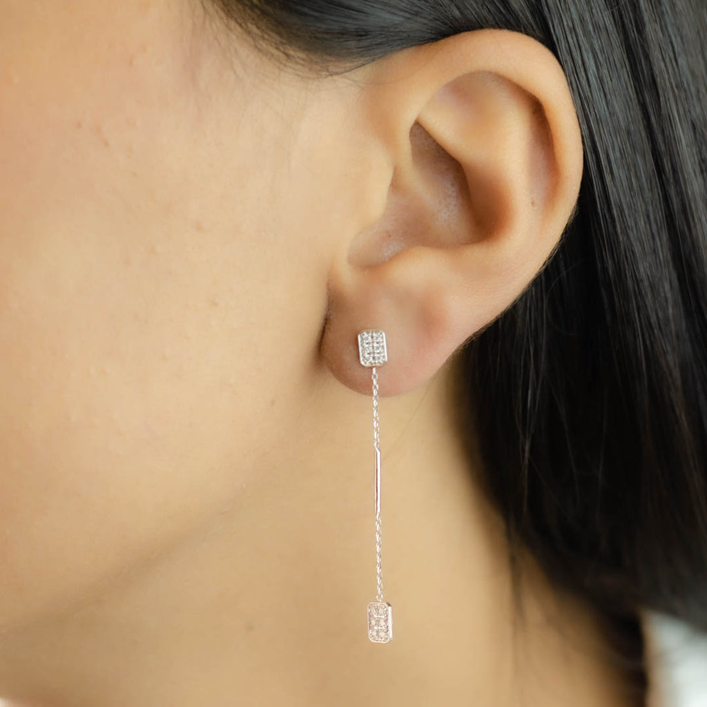 LONG DROPPED SQUARE STUD DIAMOND EARRING