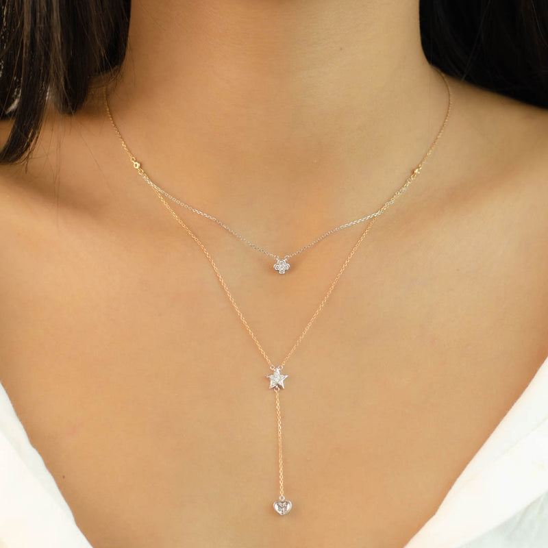 Y-SHAPE STAR, HEARD AND FLOWER DIAMOND NECKLACE