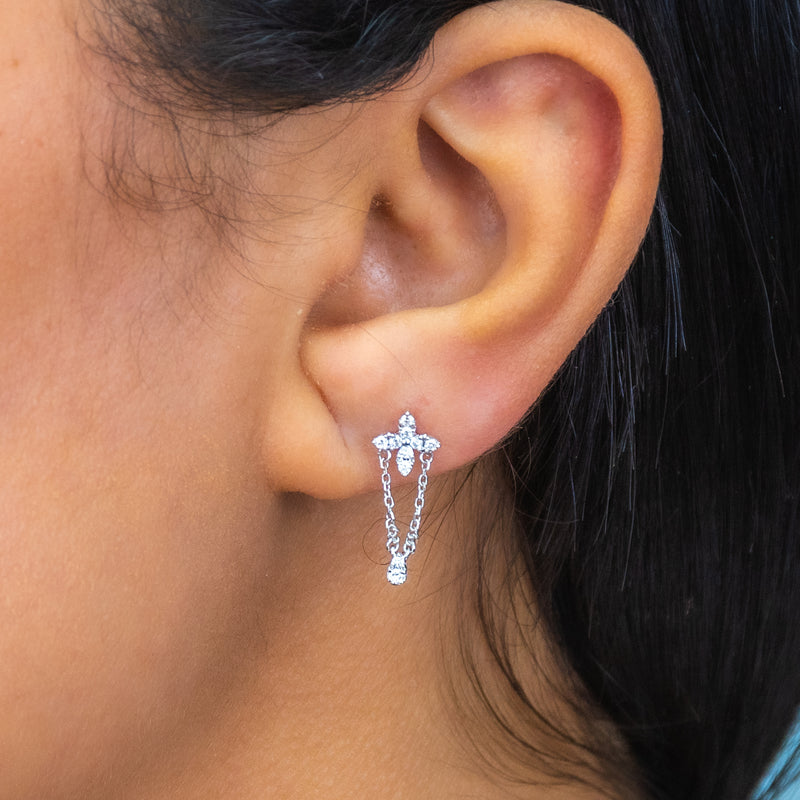 FLORAL CHAIN STUD DIAMOND EARRING