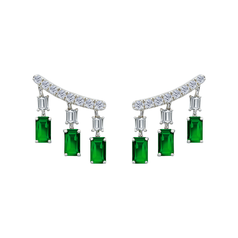 TRIPLE DROPPED EMERALD STUD DIAMOND EARRING