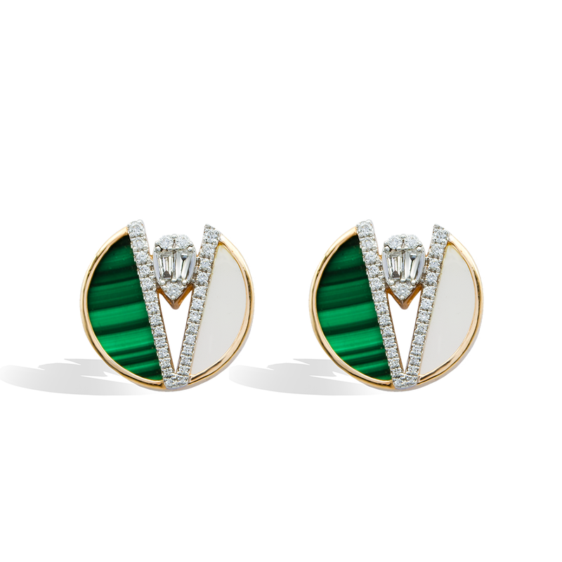 VINTAGE ROUND MALACHITE STUD DIAMOND EARRING