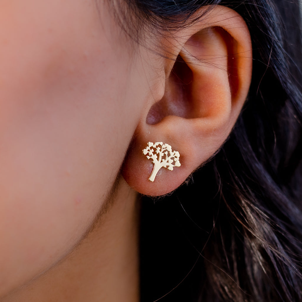 ENGRAVED TREE STUD GOLD EARRING