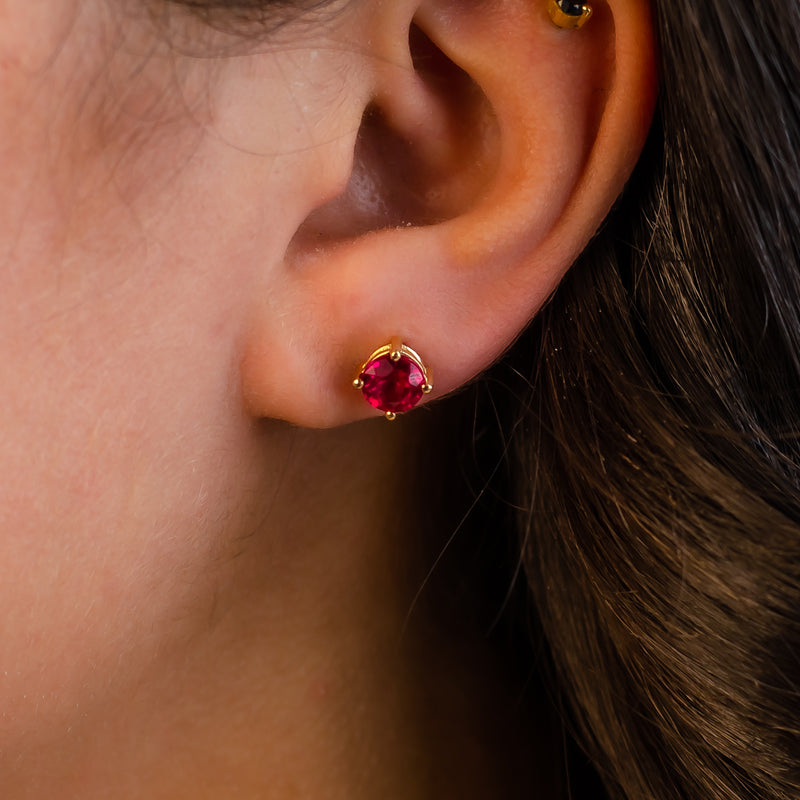 RED ROUND STONE STUD GOLD EARRING