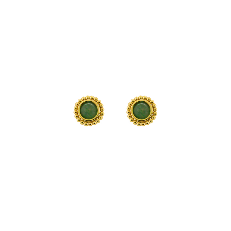 ROUND BEADS WITH GREEN STONE STUD GOLD EARRING