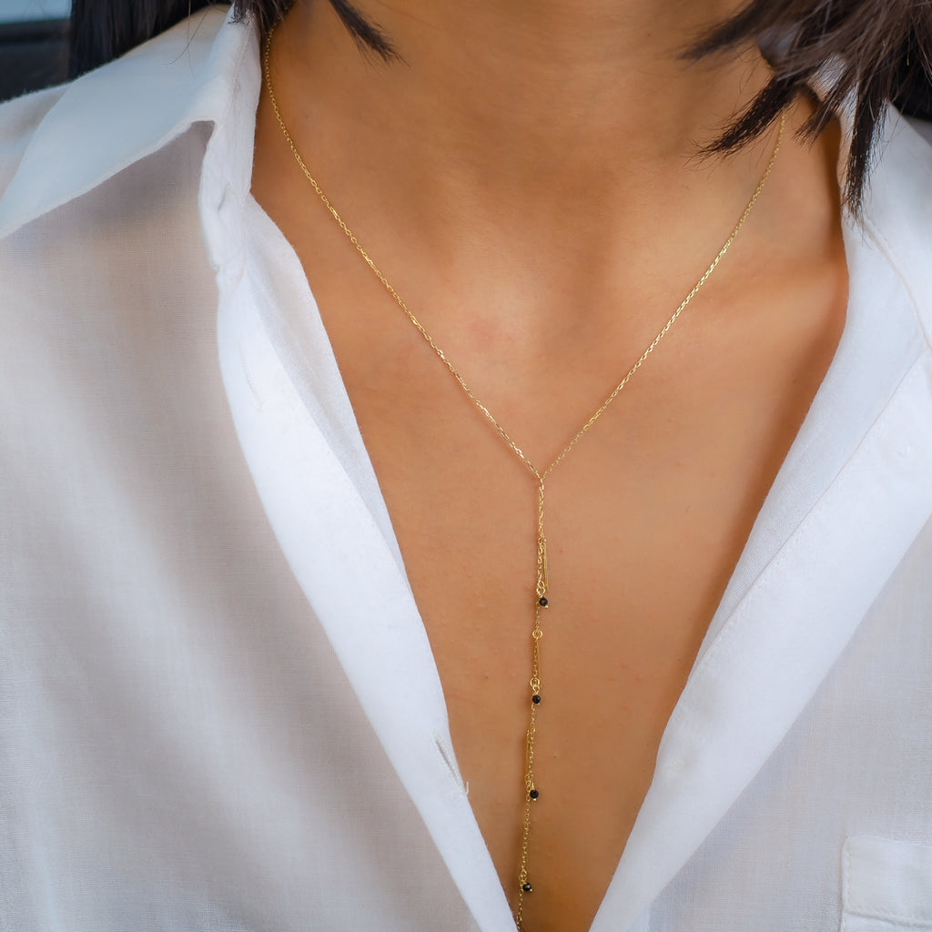 Y-SHAPE SLIPPING BEADS & LINES GOLD NECKLACE