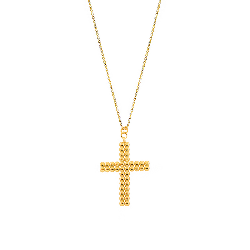 DOUBLE BEADED CROSS GOLD NECKLACE