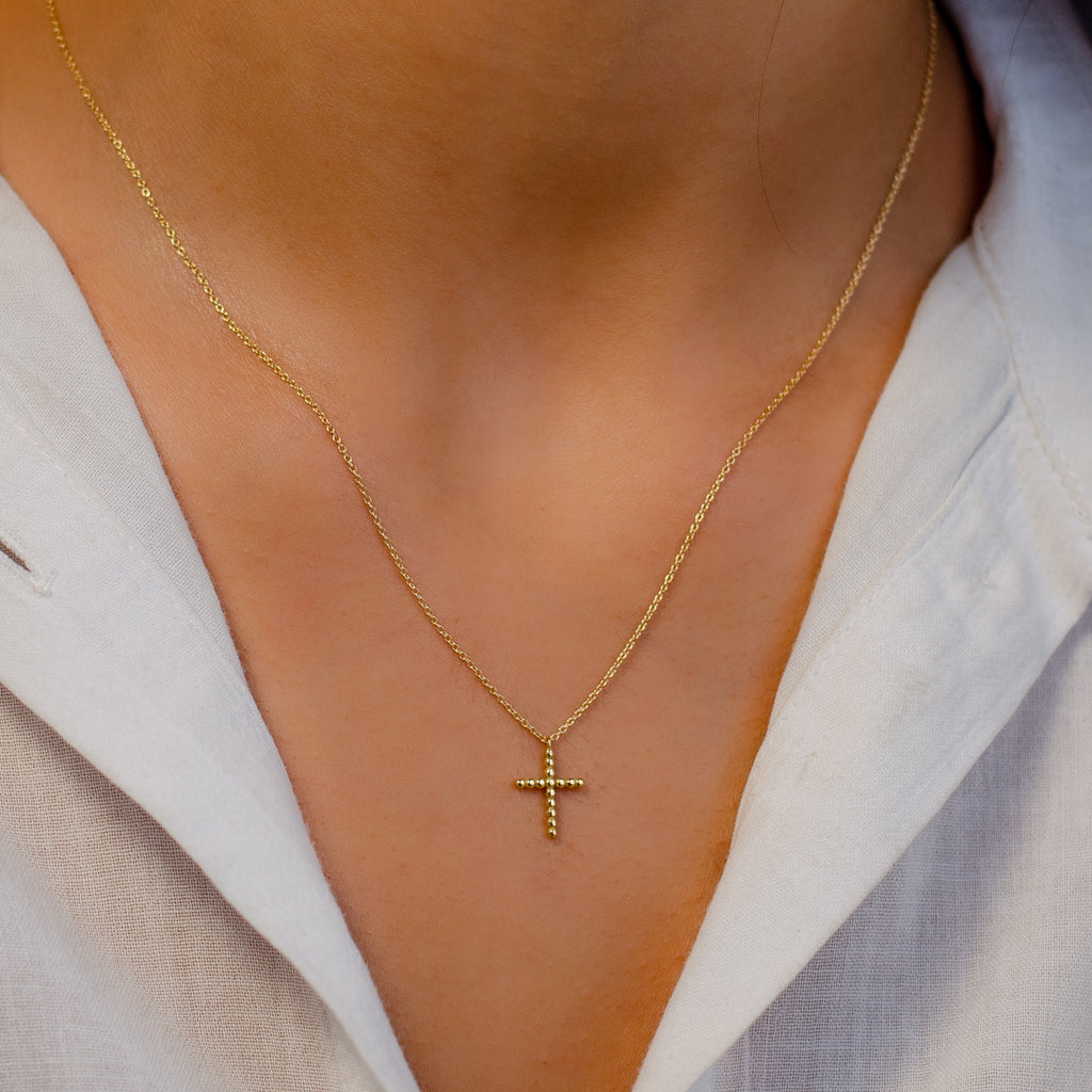 TINY BEADED CROSS GOLD NECKLACE I