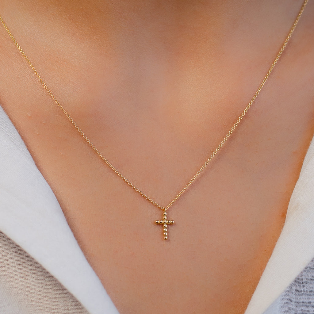 TINY BEADED CROSS GOLD NECKLACE II