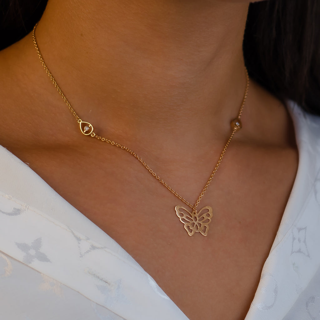 CZ ENGRAVED BUTTERFLY GOLD NECKLACE