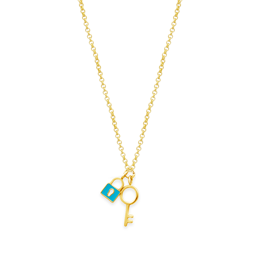 18 14K Yellow Gold Lock and Key Drop Necklace