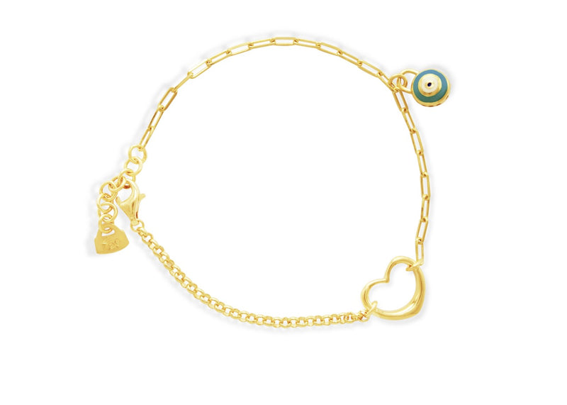 LINKS WITH HEART AND EVIL EYE GOLD BRACELET