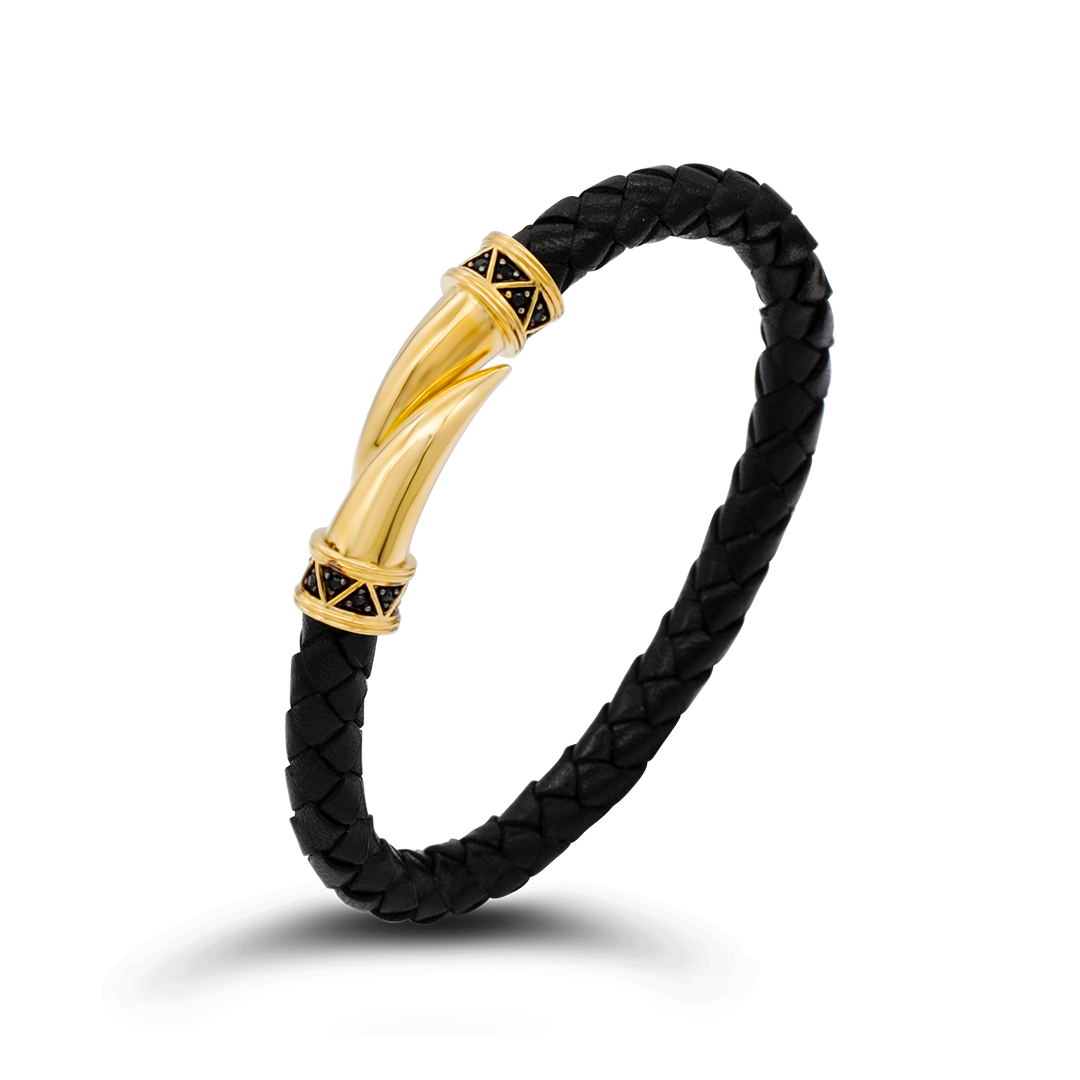 MEN'S TUSKS BRAIDED LEATHER GOLD BRACELET