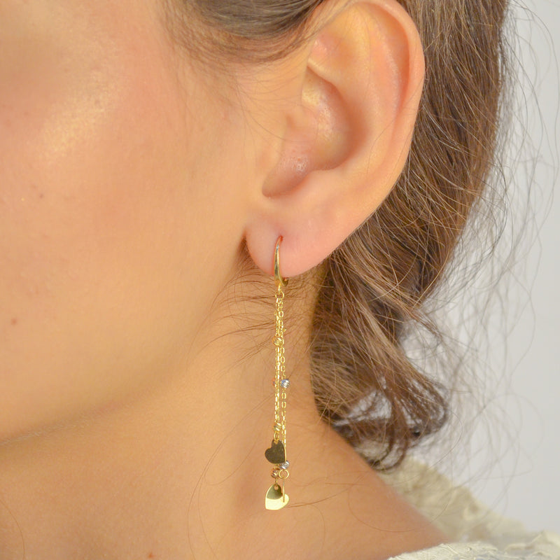 DROPPING HEARTS WITH ENGLISH LOCK GOLD EARRING