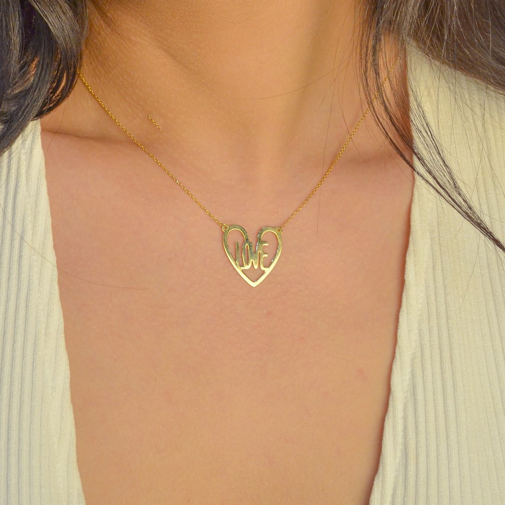 ENGRAVED LOVE WORD IN HEART GOLD NECKLACE