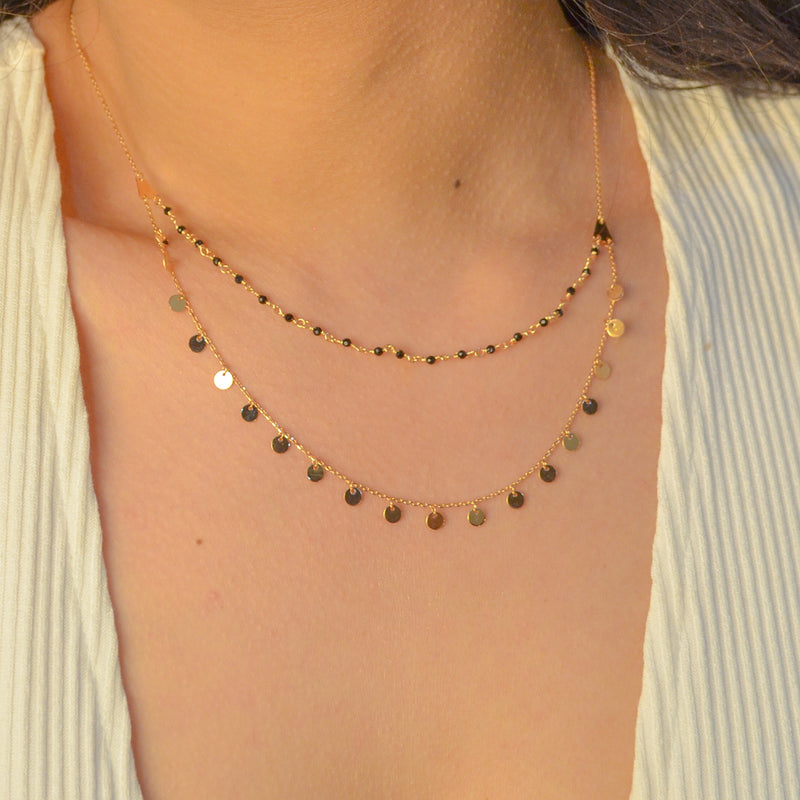 DOUBLE LINED BEADS AND CIRCLES GOLD NECKLACE