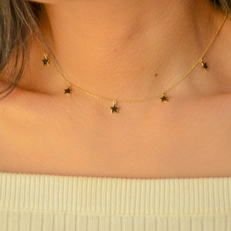 FIVE SMALL COLOURED STARS GOLD NECKLACE