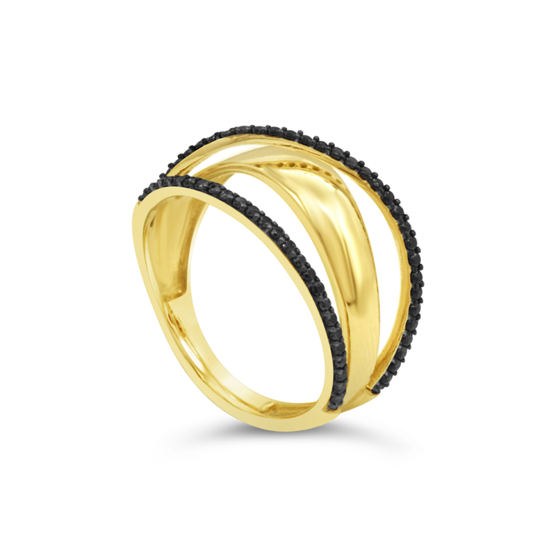 WAVES WITH BLACK CZ GOLD RING